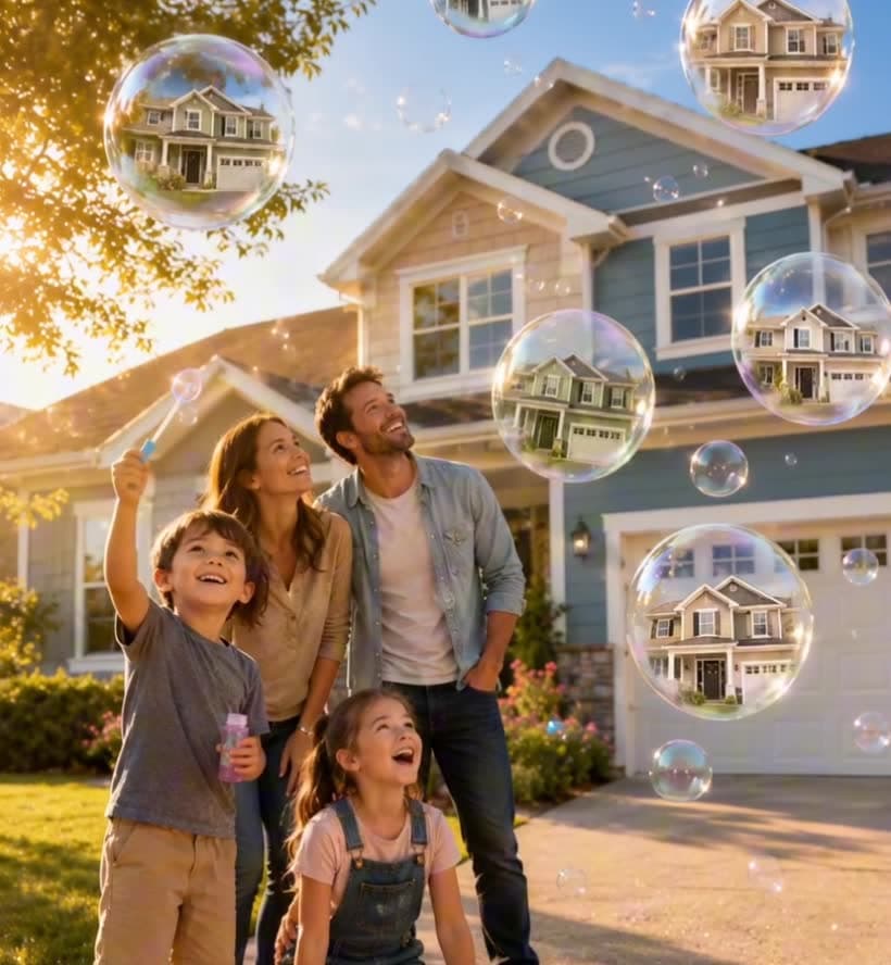 Every possible color of the same home floating in paint bubbles
