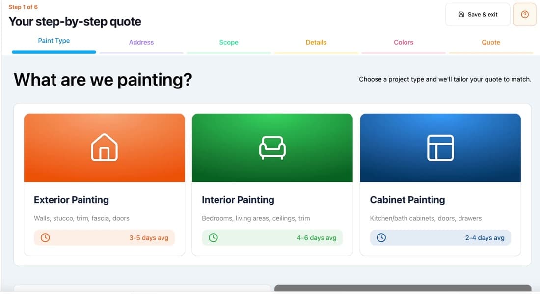 Rollur Estimator step 1: choosing exterior, interior, or cabinet painting