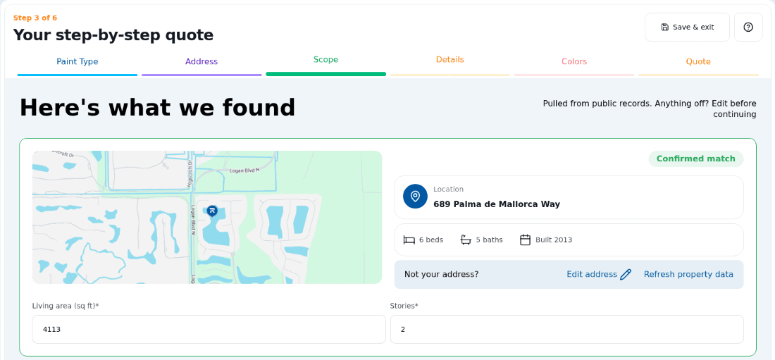 Rollur Estimator step 3: property details found automatically from public records